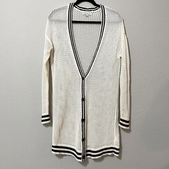 American Eagle Cream & Black Open Knit Long Dark Academia Cardigan Sweater S - Picture 1 of 11